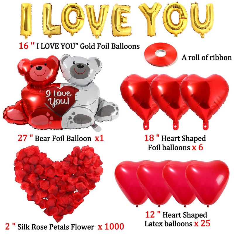 Golray 40 Pack I Love You Balloons and Heart Balloons Kit with 1000 Pcs Dark-Red Silk Rose Petals Wedding Flower Decoration Love-Bear Red Heart Balloons for Valentine Day Party Decorations - Image 5